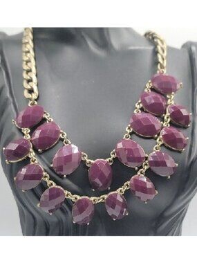 Boho Style Bib Necklace Dark Purple Faceted Faux Gems Flat Link Chain Statement